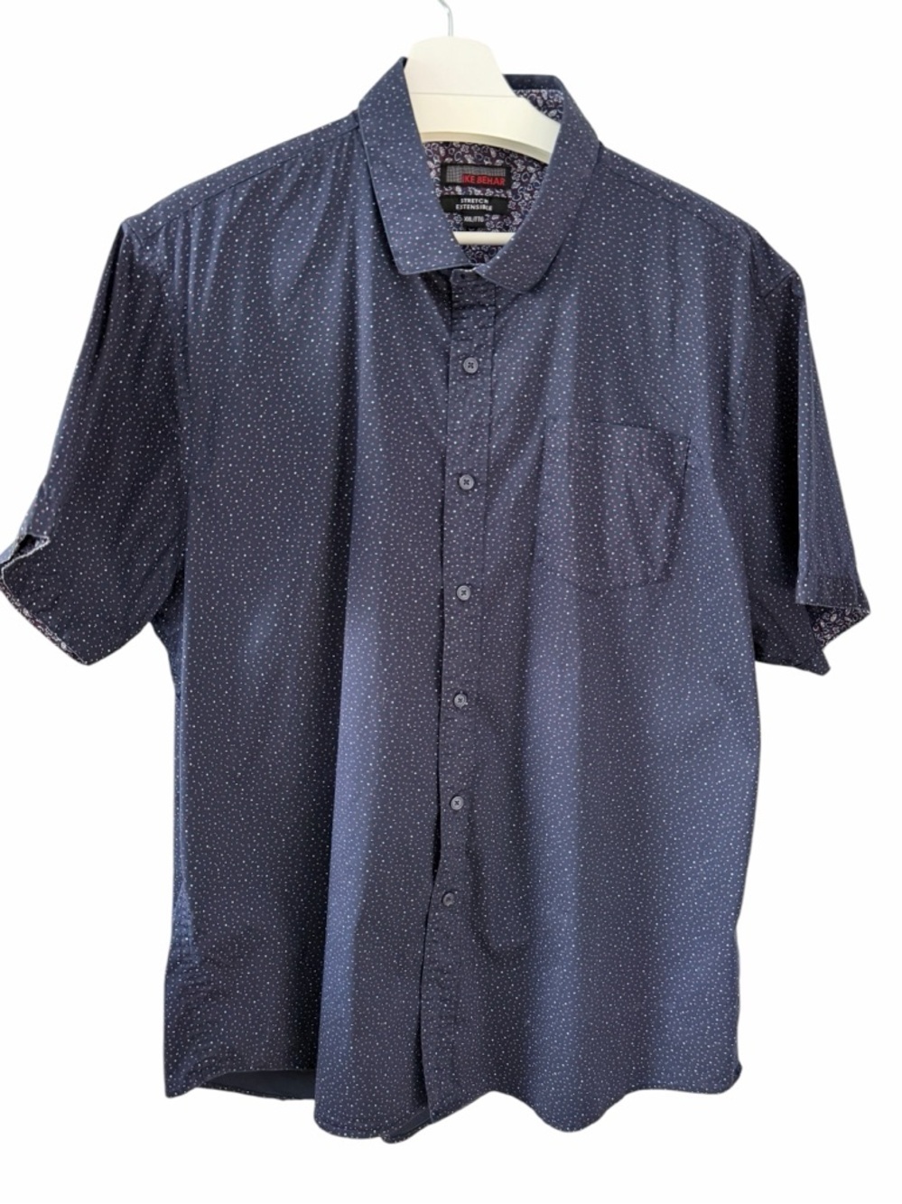 IKE BEHAR Navy Blue Micro Print Button-Up Shirt Short Sleeve Stretch Casual size